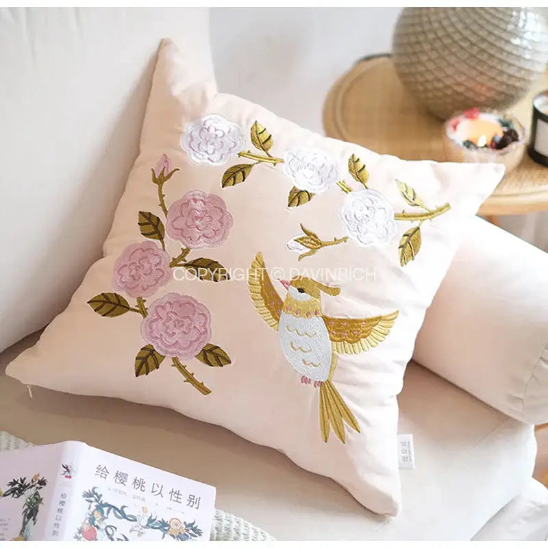 A blush soft pillow cover with decorbites bamboo embroidered pink and white roses and golden leaves for bedroom decor