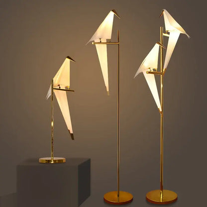 Gold-finished origami crane bird design led pendant light with illuminated white paper wings for dining room decorbites bird design