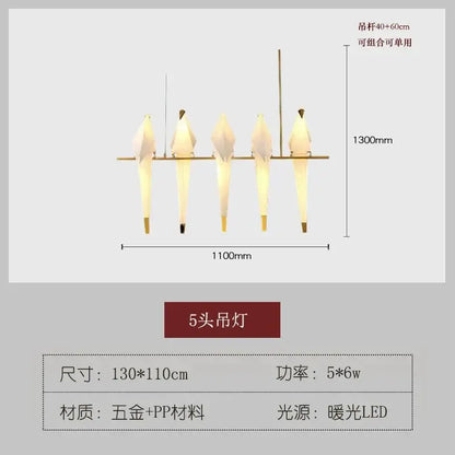 Five-head origami crane bird design led pendant light with golden metal and white pp for dining room decorbites bird design