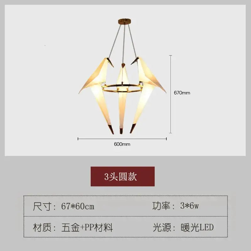 A modern three-headed origami crane bird design led pendant light with gold metal frames and white shades for dining room decorbites bird design