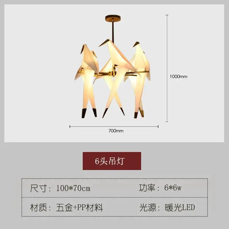 Gold-toned origami crane bird design led pendant light with six illuminated paper-like figures for dining room decorbites bird design