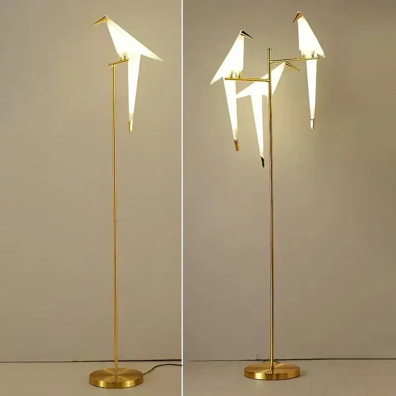Origami gold bird led floor lamp with illuminated white paper birds on slender metal branches for living room decorbites bird led