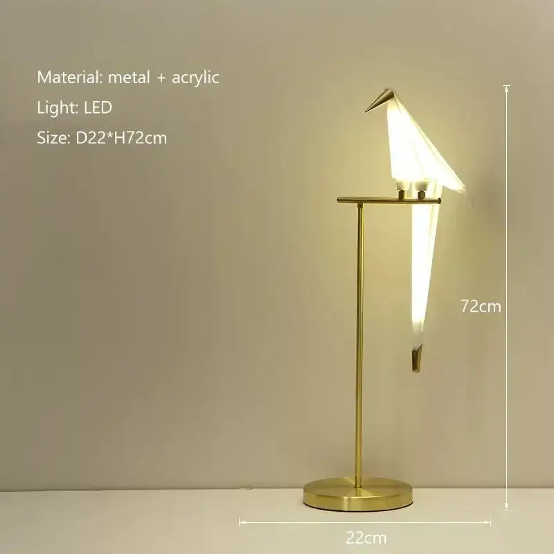 Origami gold bird led floor lamp with a translucent white acrylic body illuminated by led light for living room decorbites bird led