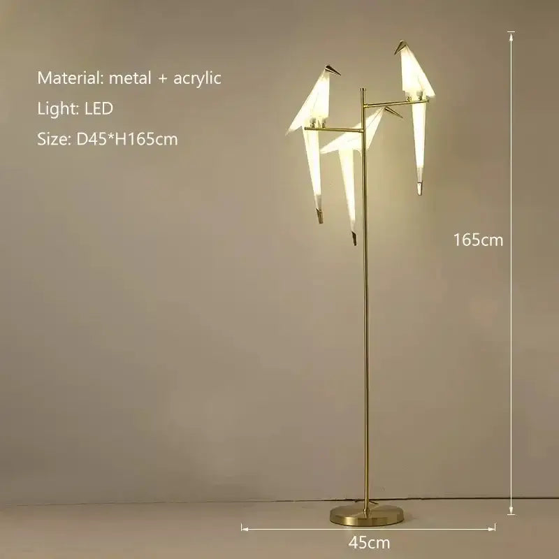 Gold-toned metal and acrylic floor lamp with three illuminated origami bird designs decorbites bird led floor lamp