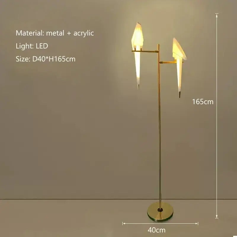 Origami gold bird led floor lamp with gold-toned metal and acrylic bird led floor fixtures for living room decorbites bird led