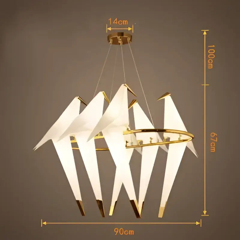 Gold-toned decorbites crane chandelier with five white origami crane iron led fixtures for bedroom lighting decor