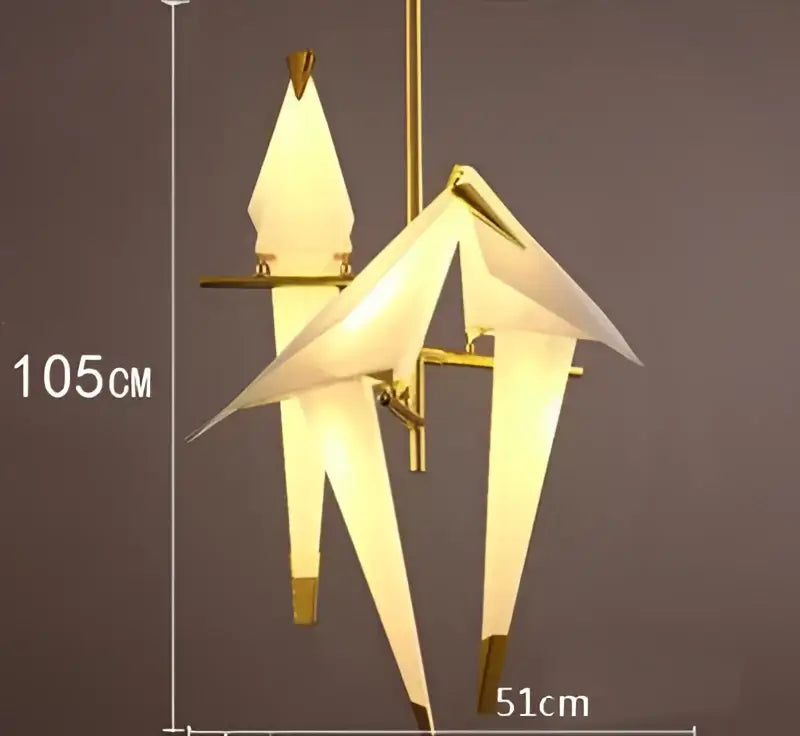 Gold-toned metal crane chandelier iron led light with three illuminated origami-style white paper shades for bedroom decorbites crane chandelier