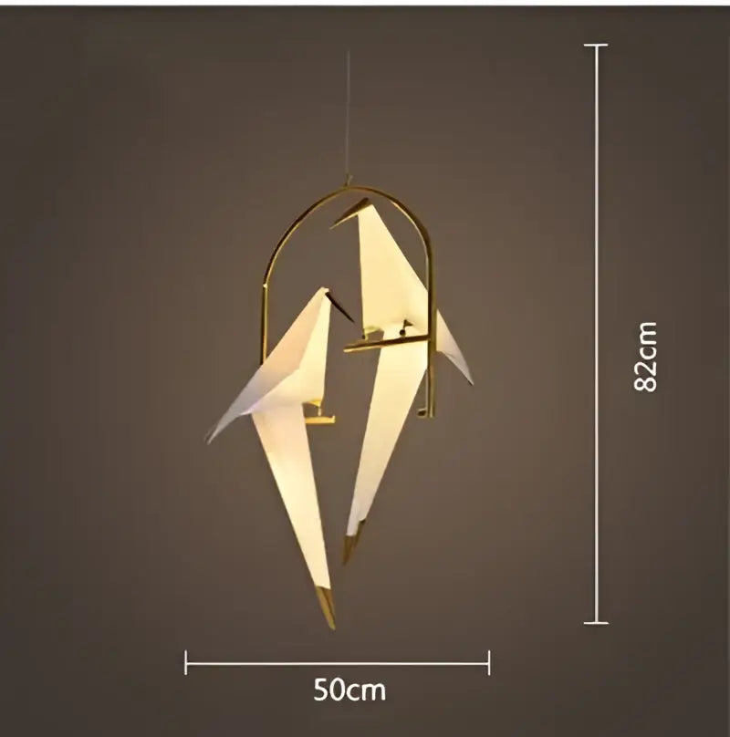 Gold-toned decorbites crane chandelier with white paper wings iron led light for bedroom minimalist design