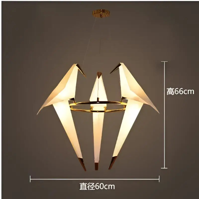 A modern decorbites crane chandelier iron led light with three white paper cranes and gold frame for bedroom decor