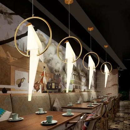 Gold-rimmed origami white and gold crane chandelier iron led light with illuminated paper bodies for bedroom decorbites crane chandelier