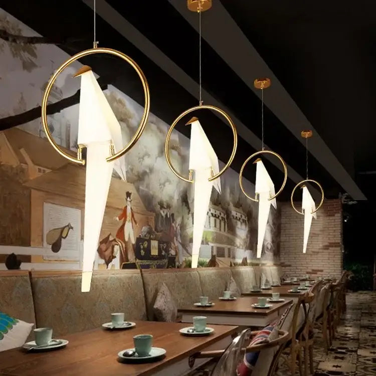Gold-rimmed origami white and gold crane chandelier iron led light with illuminated paper bodies for bedroom decorbites crane chandelier