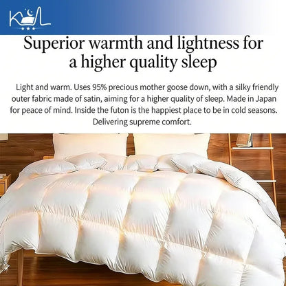 White satin-finish quilted comforter filled with 95 percent mother goose down for warm spring autumn winter use
