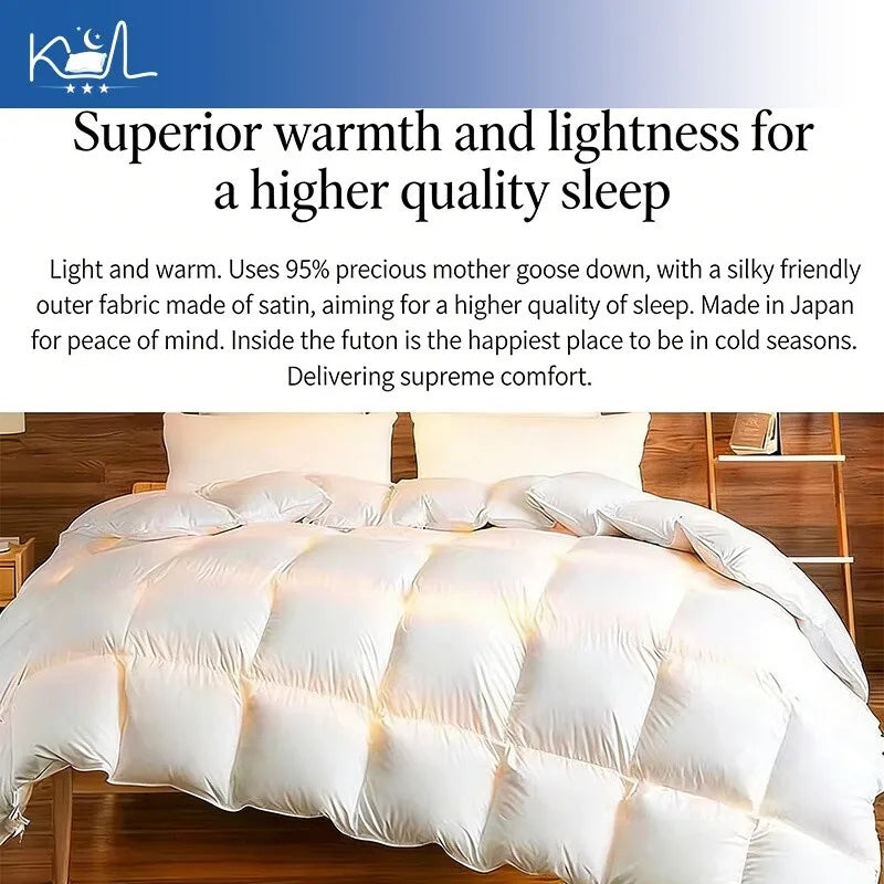 White satin-finish quilted comforter filled with 95 percent mother goose down for warm spring autumn winter use
