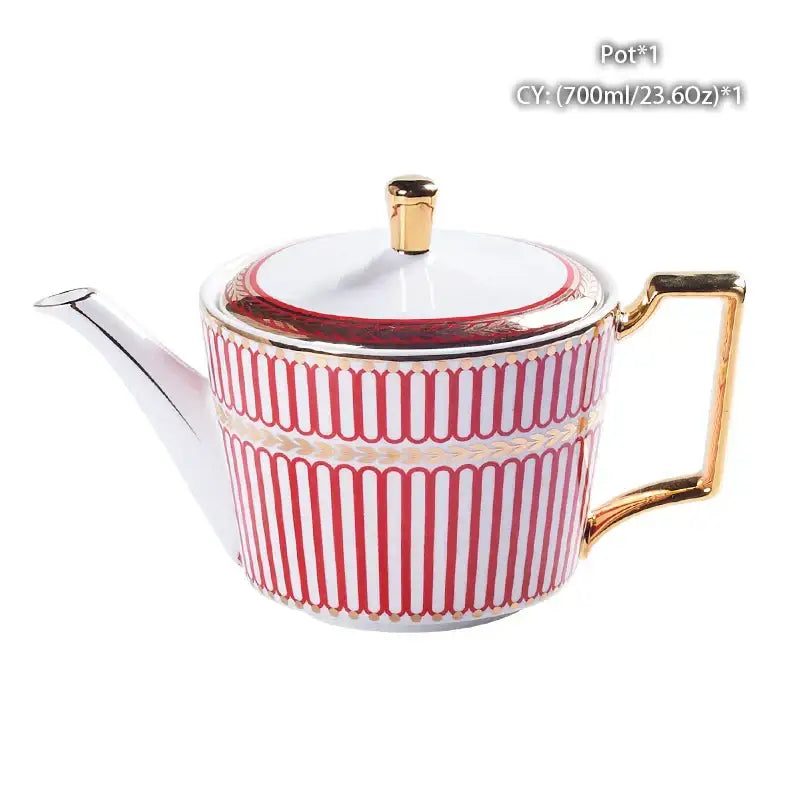 Ornate 18th century scene bone china tea pot white porcelain with red stripes gold trim decorbites bone china tea set