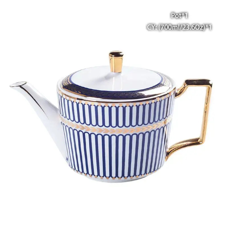 Elegant white porcelain bone china tea pot with navy blue stripes and gold trim in ornate 18th century decorbites style