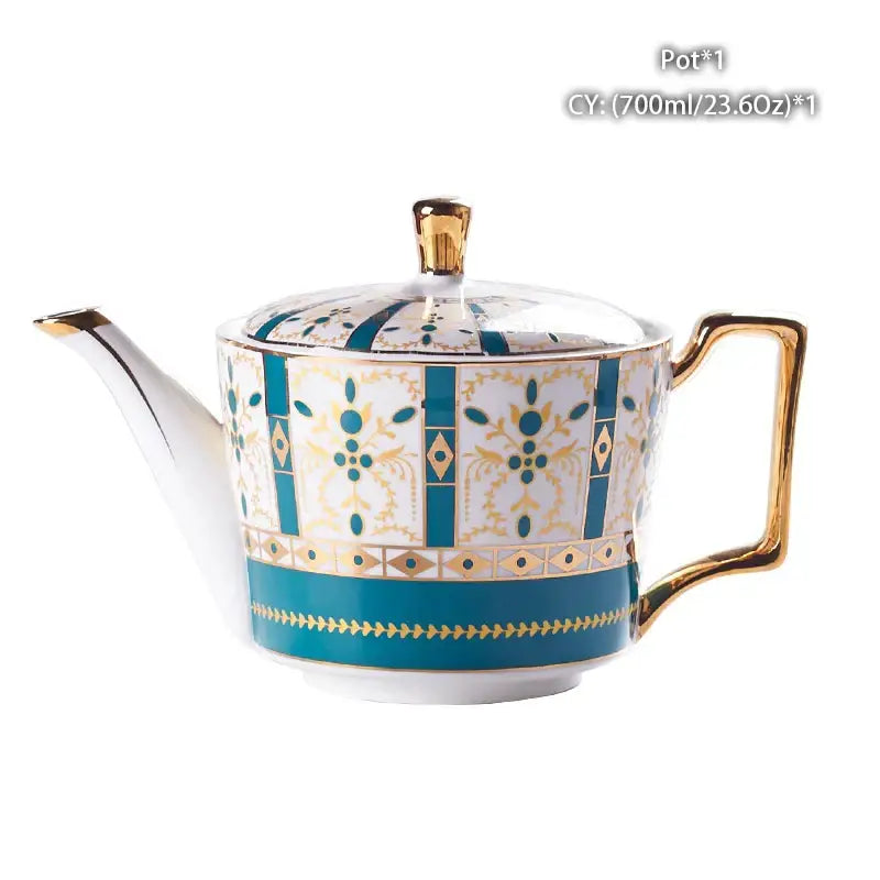 Elegant white bone china tea pot with turquoise and gold ornate patterns from decorbites bone china collection