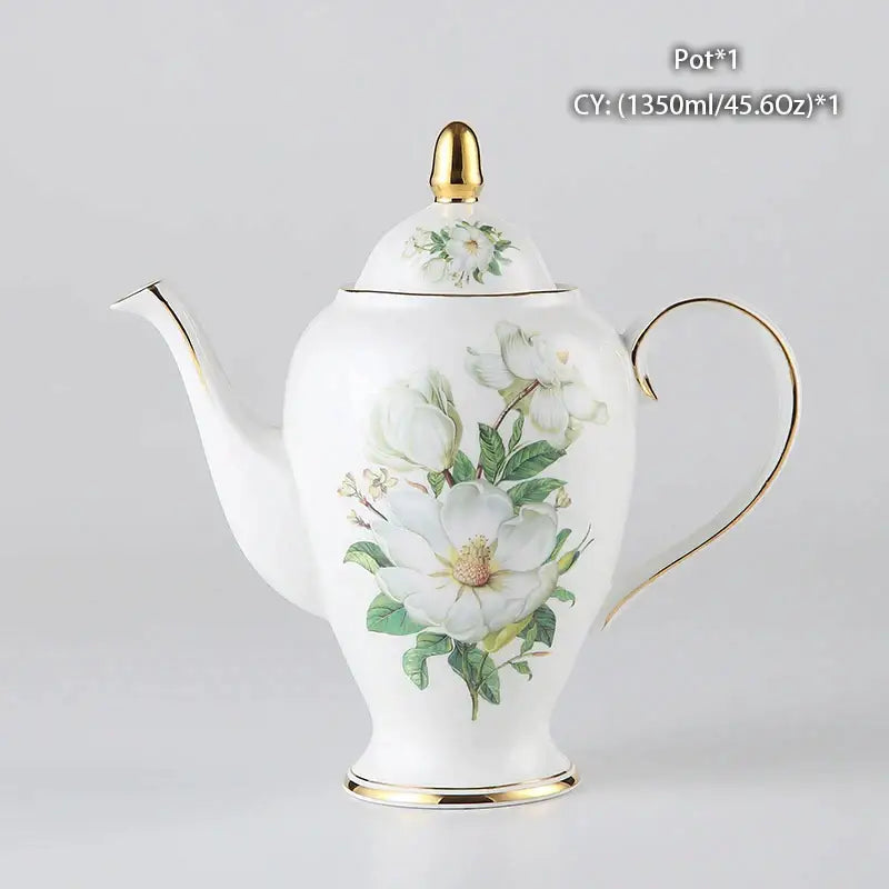 Ornate 18th century scene bone china tea pot in white porcelain with gold trim and magnolia floral design for decorbites bone china decor
