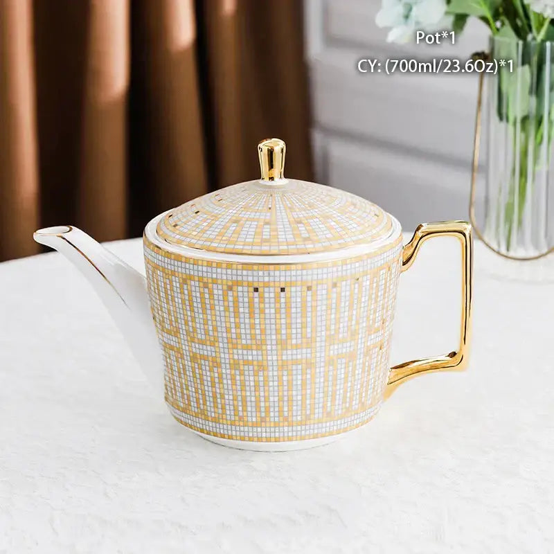 Elegant white bone china tea pot with gold geometric lattice pattern and handle by decorbites bone china for dining room decor