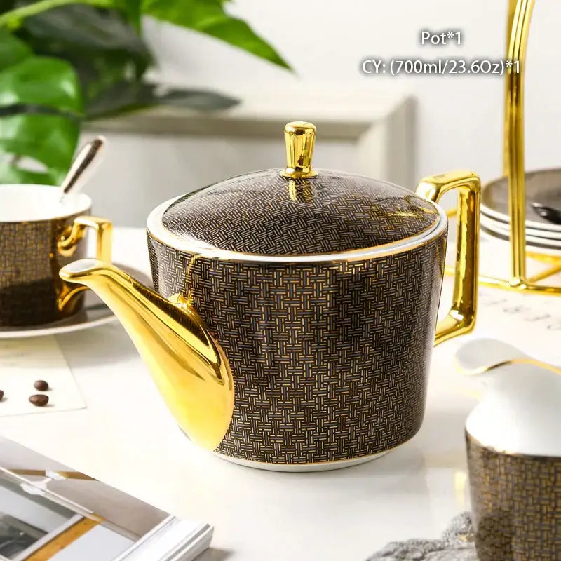 Elegant black ceramic tea pot with gold accents and woven pattern featuring decorbites bone china tea porcelain finish