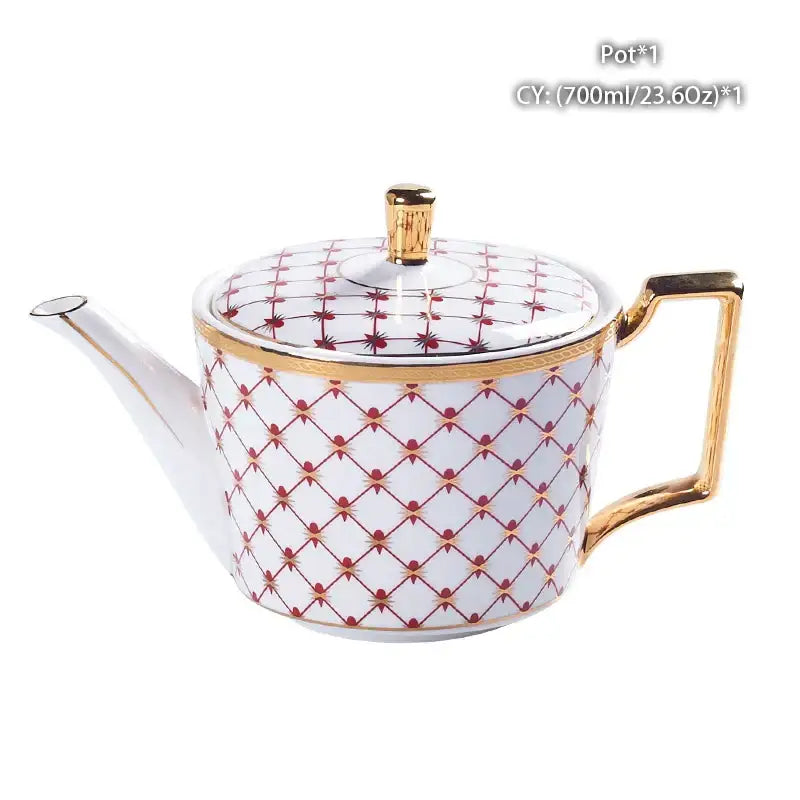 Ornate 18th century scene bone china tea pot with red and gold lattice pattern and gold trim decorbites bone china tea