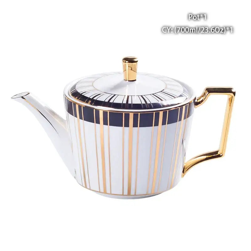 Elegant white bone china tea pot with gold navy blue stripes and gold-finished knob handle from decorbites collection