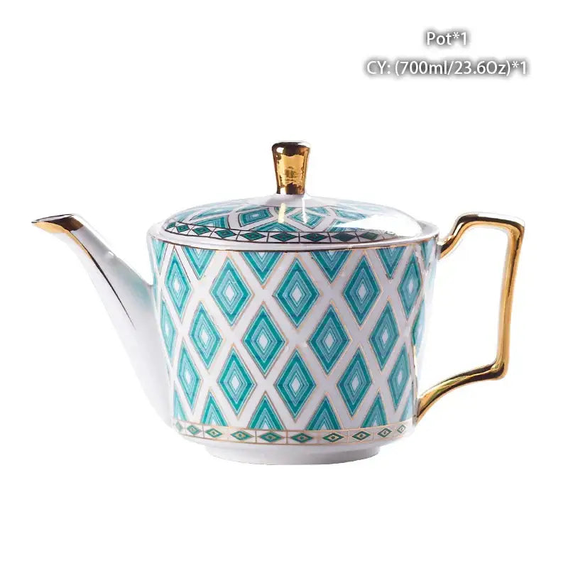 Ornate 18th century scene bone china tea pot with turquoise diamond pattern and gold trim for decorbites bone china tea use