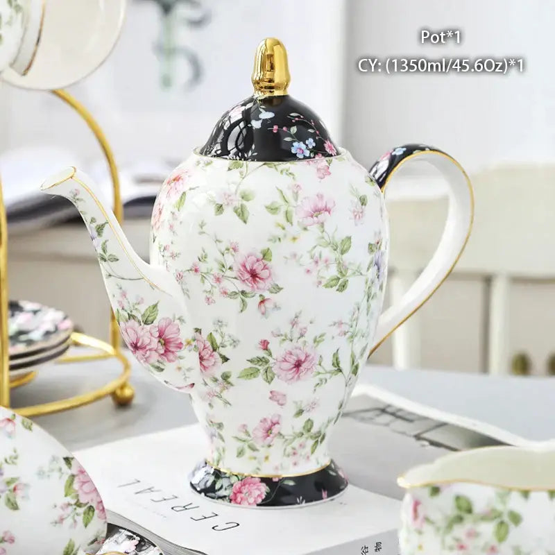 Ornate 18th century scene bone china tea pot with pink green floral decorbites bone china and gold trim accents