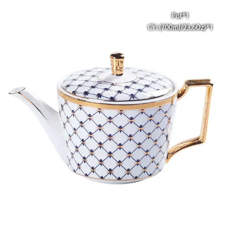 White porcelain tea pot with navy blue and gold geometric lattice pattern and gold rim from decorbites bone china collection