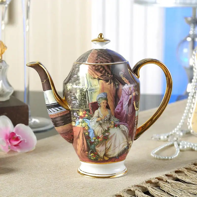 Ornate bone china tea pot with gold trim and 18th century ladies scene perfect for decorbites bone china collection