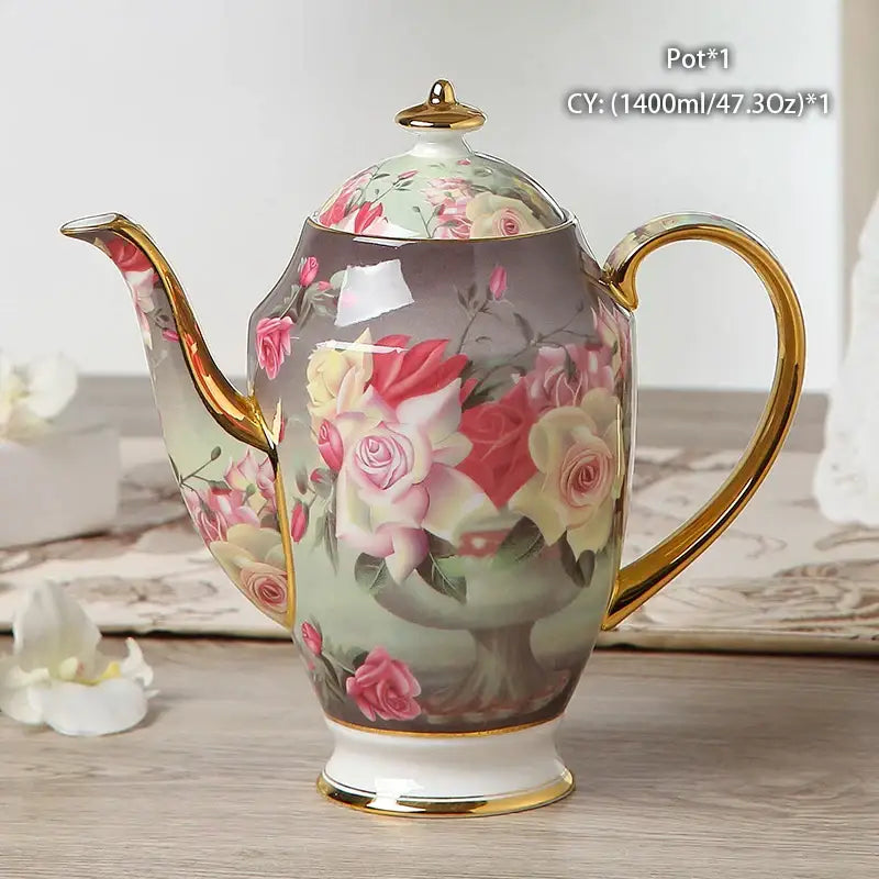 Elegant bone china tea pot with gold trim and pink cream roses decorbites bone china ornate 18th century scene design