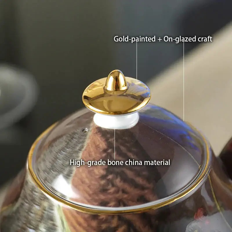 Gold-painted on-glazed lid atop ornate 18th century scene decorbites bone china tea pot made of high-grade bone china