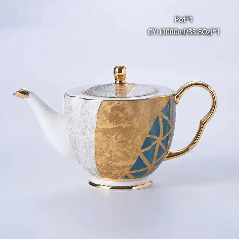 Elegant bone china tea pot with white gold-leafed and teal geometric design from Decorbites bone china collection