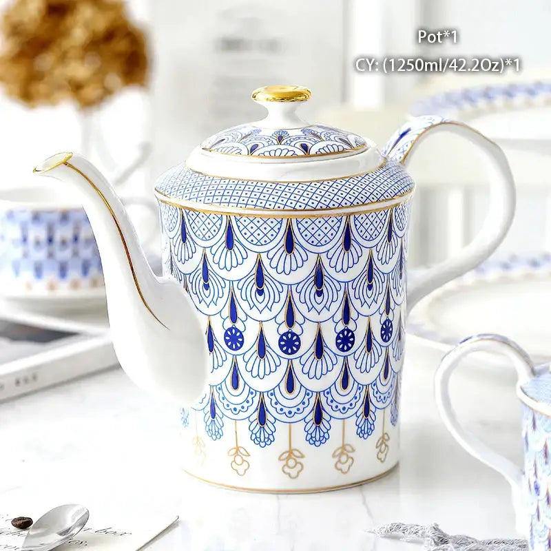 Ornate 18th century scene bone china tea pot with blue and gold patterns and golden lid knob for decorbites bone china tea use