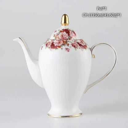 White porcelain bone china tea pot with pink red rose pattern and gold trim from decorbites ornate 18th century scene collection