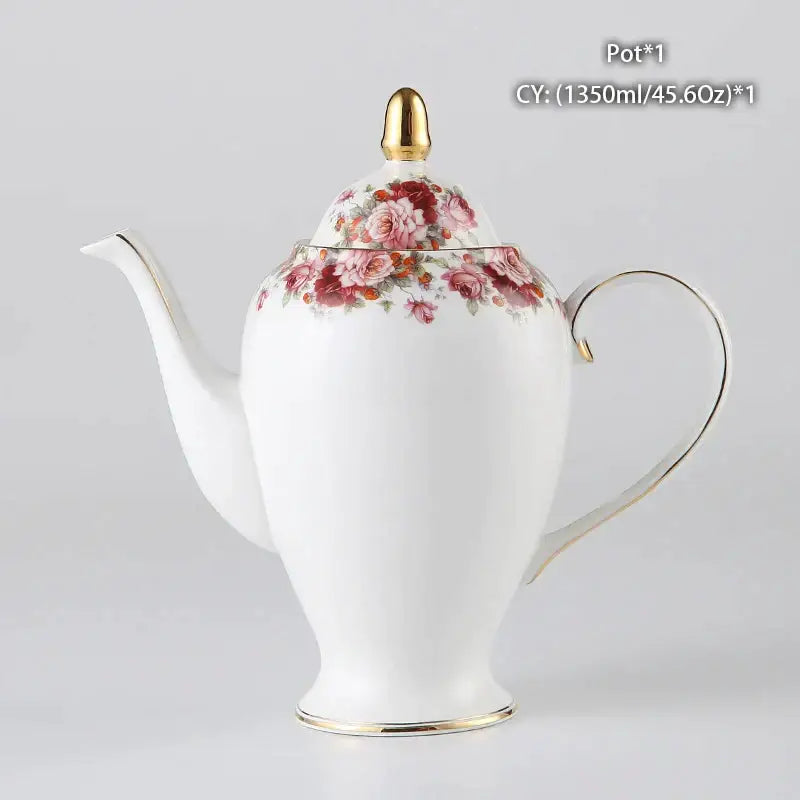 White porcelain bone china tea pot with pink red rose pattern and gold trim from decorbites ornate 18th century scene collection