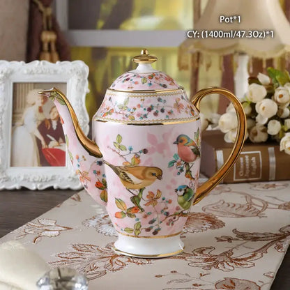 Ornate 18th century scene pink bone china tea pot with bird floral designs and gold trim by decorbites bone china