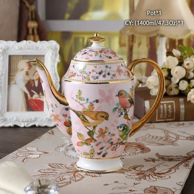 Ornate 18th century scene pink bone china tea pot with bird floral designs and gold trim by decorbites bone china