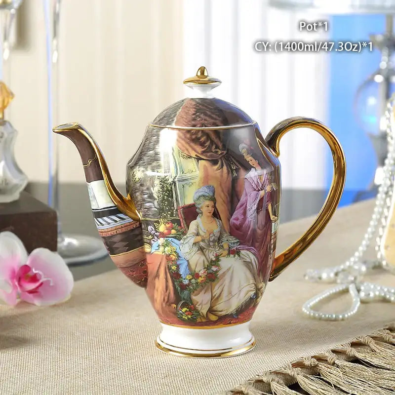 Ornate bone china tea pot with gold trim featuring a painted 18th century scene for decorbites bone china collection