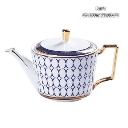 Elegant white bone china tea pot with navy blue geometric pattern and gold trim decorbites bone china for dining room