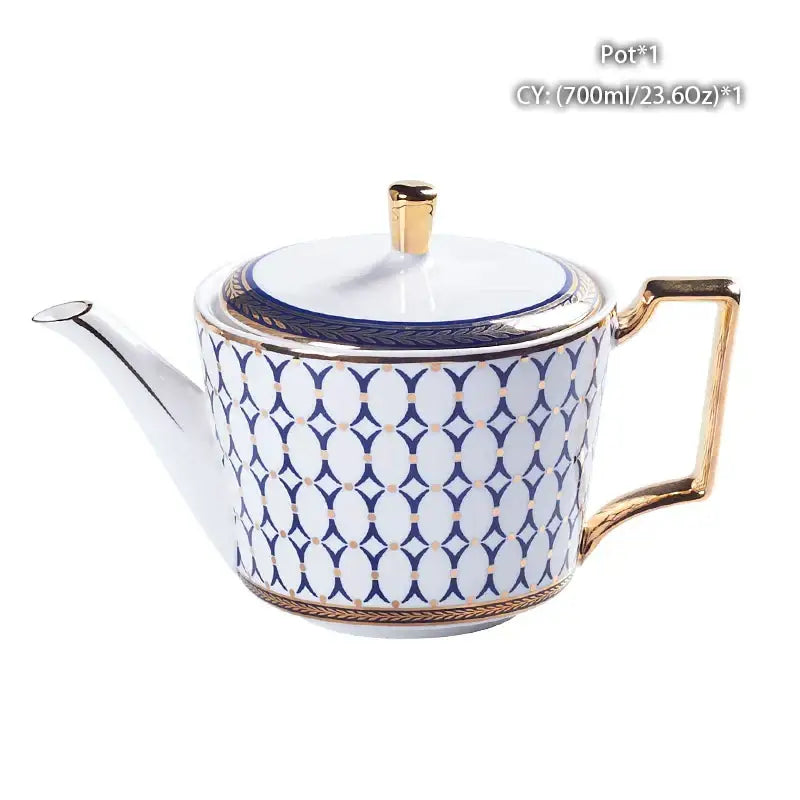 Elegant white bone china tea pot with navy blue geometric pattern and gold trim decorbites bone china for dining room