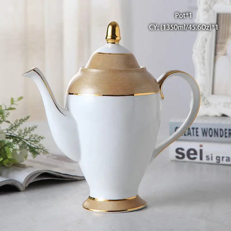 Ornate 18th century scene white porcelain bone china tea pot with gold-toned bands and matching lid finial decorbites bone china