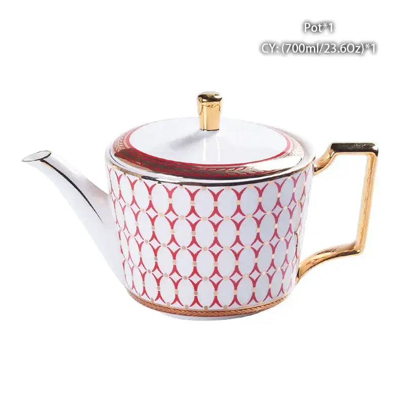 Elegant white bone china tea pot with red and gold geometric pattern and gold trim from decorbites bone china collection