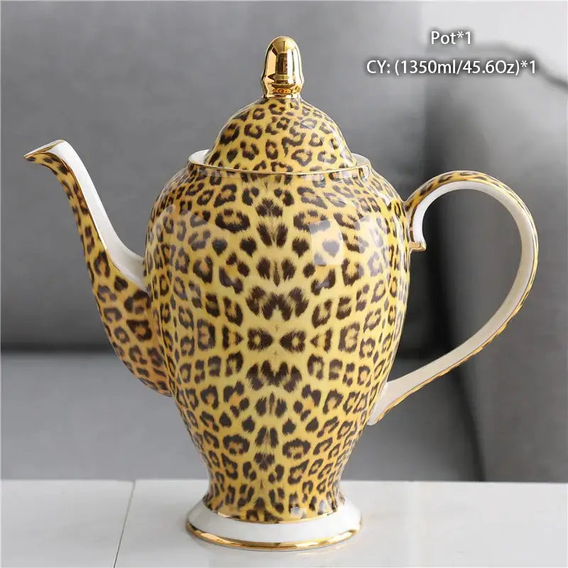 Ornate 18th century scene bone china tea pot with gold accents and yellow black leopard print by decorbites bone china