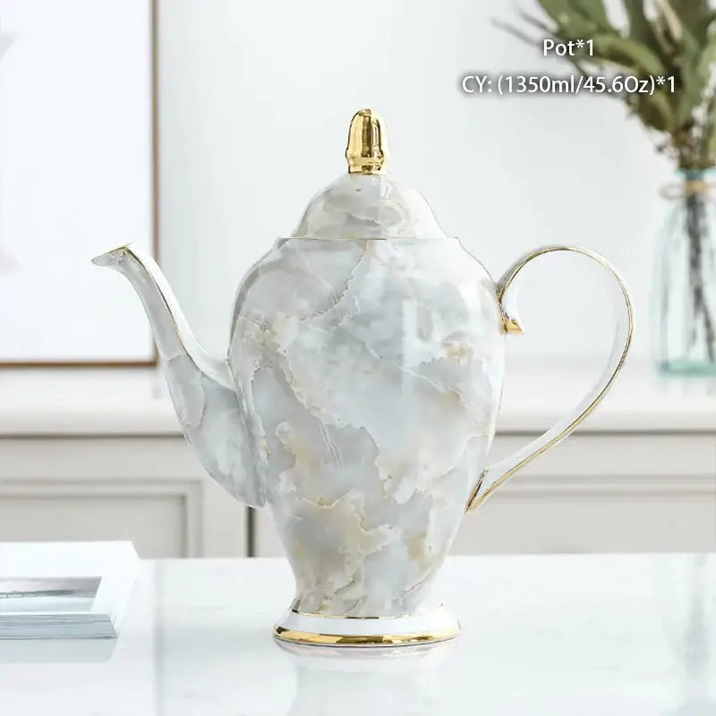 Elegant white marble-patterned bone china tea pot with gold trim from decorbites bone china collection for dining decor