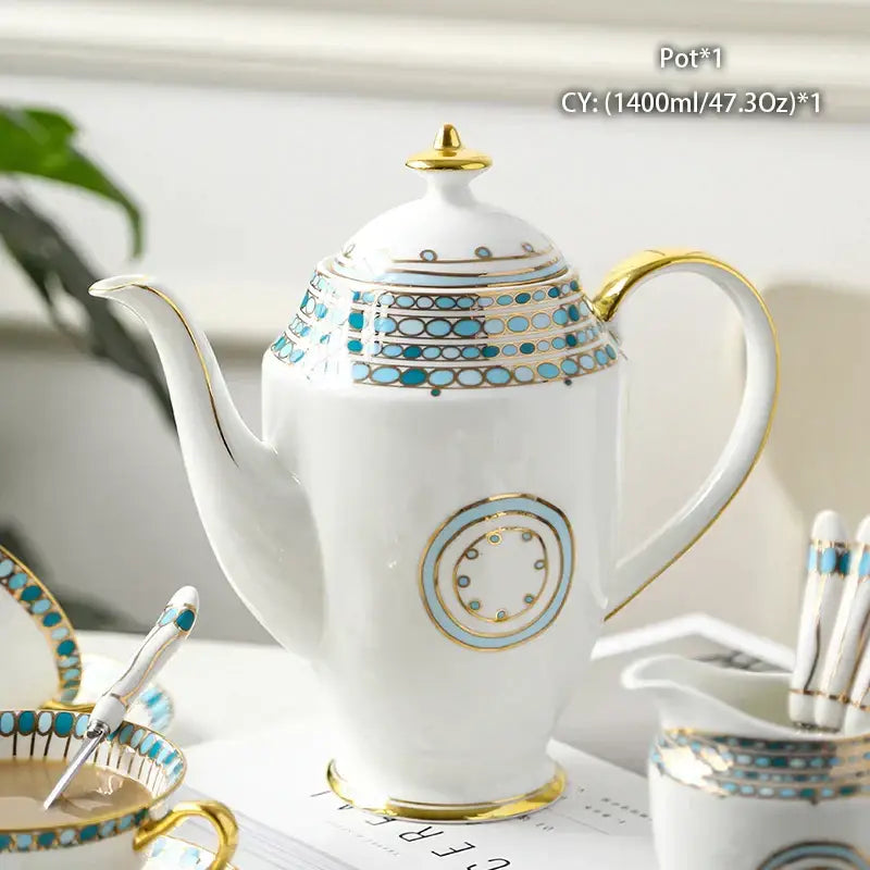 Ornate 18th century scene bone china tea pot with gold trim and turquoise patterns by decorbites bone china