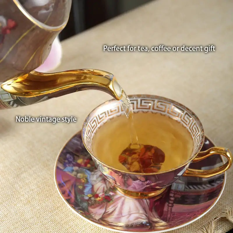 A gold-trimmed bone china tea cup with a classical scene on an ornate saucer for decorbites bone china tea decor