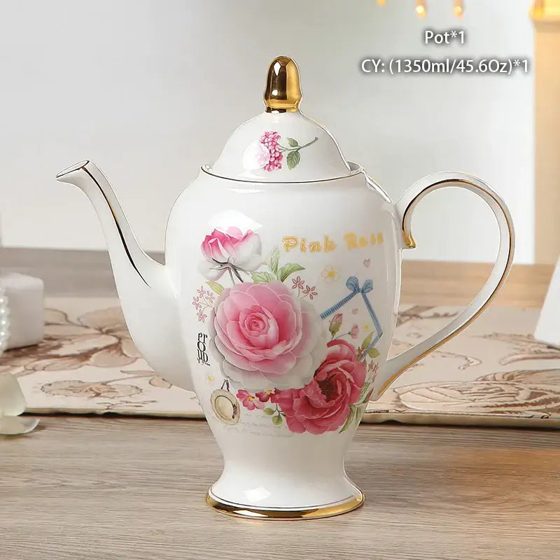 Ornate 18th century scene bone china tea pot with pink rose floral design and gold trim decorbites bone china tea pot