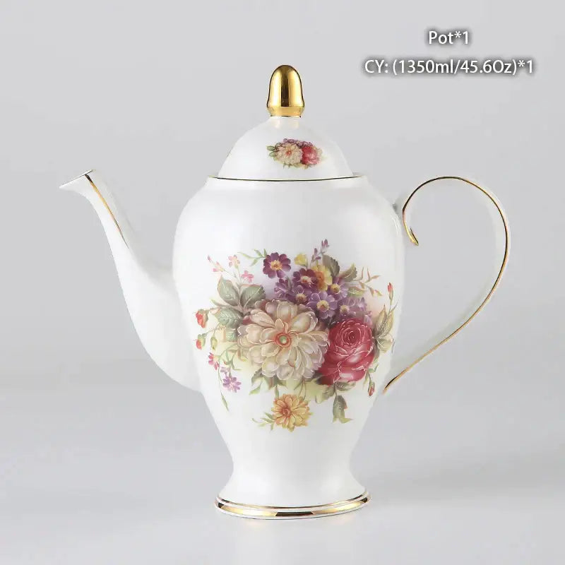 White porcelain tea pot with gold trim floral design featuring roses and daisies decorbites bone china tea accessory