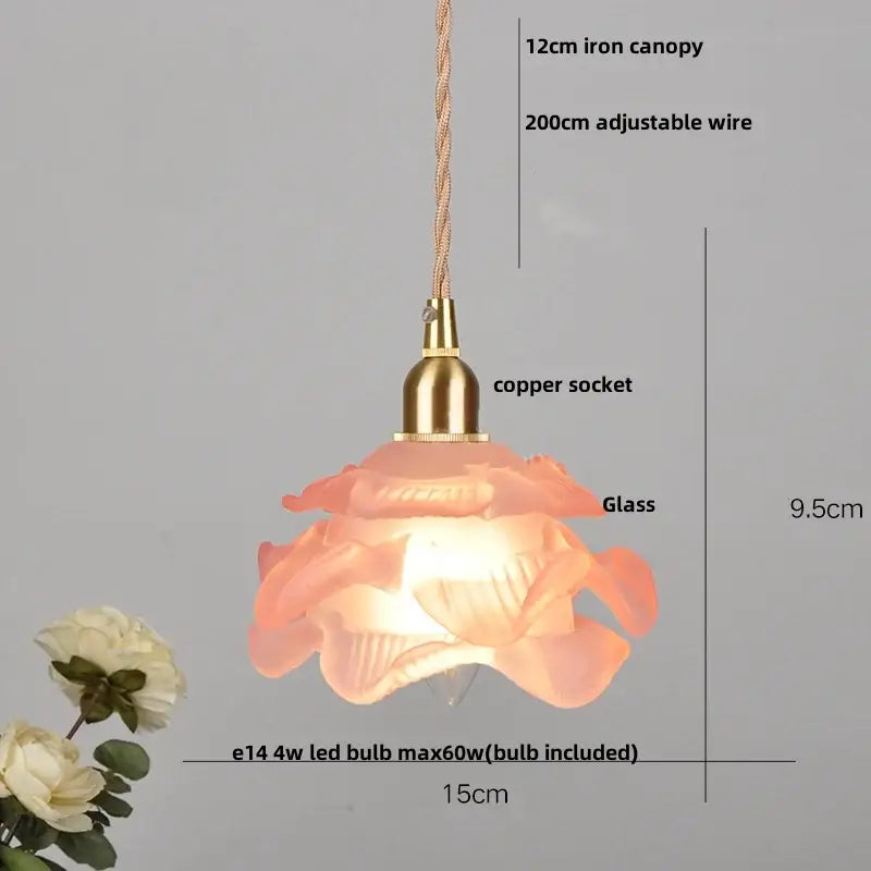 Delicate peach-colored glass flower pendant light with brass copper led socket and twisted iron canopy for dining room