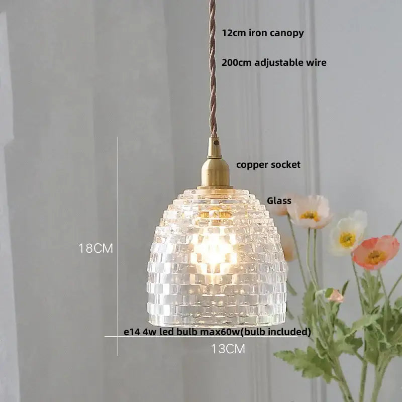 Ornate amber copper led pendant light with clear textured glass and brass copper led pendant socket for café lighting